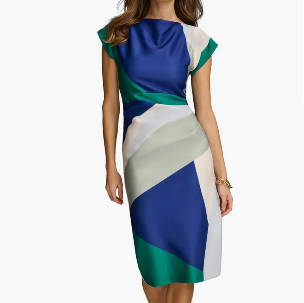 Donna Karan Blue Green Cream Abstract Print Short Sleeve Boat Neck Midi Dress - Picture 6 of 16